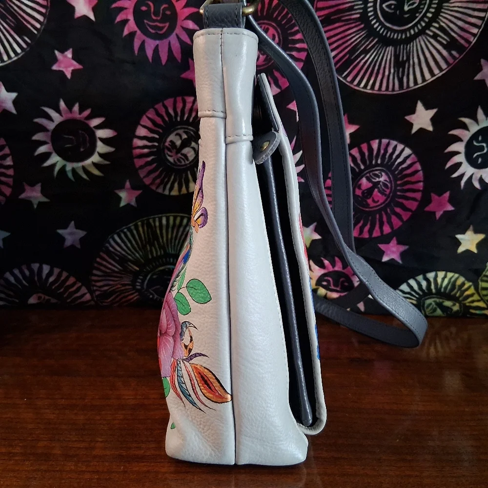 Anuschka Hand-painted Grey Leather Shoulder Bag Lion Flowers - Picture 12 of 17